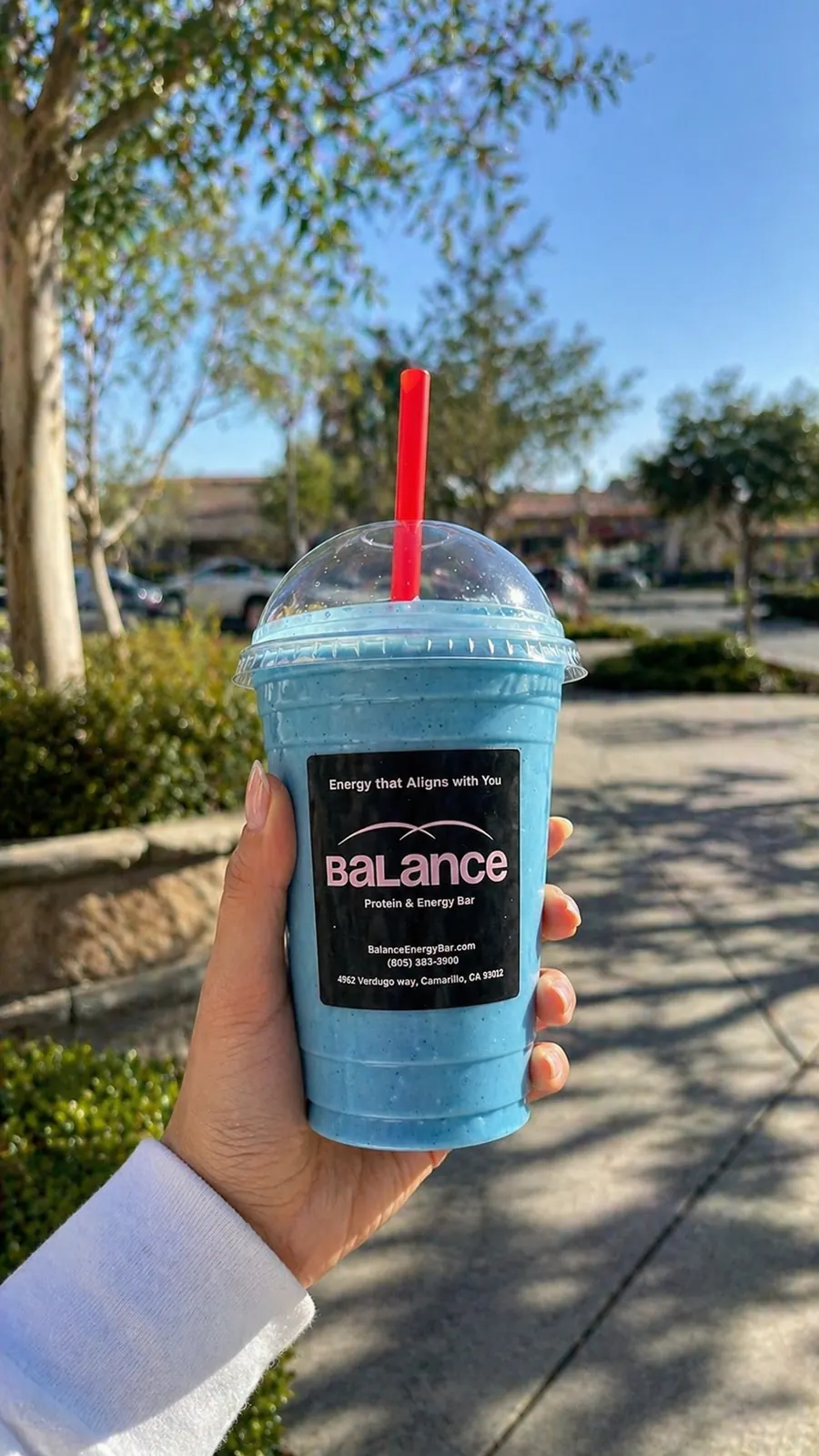 Blue smoothie outside Balance