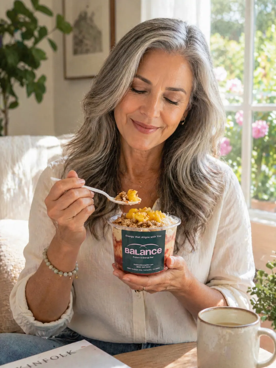 Customer enjoying a protein bowl